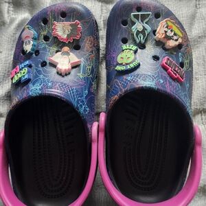 CROCS Blue and Pink Graphic Clogs with Charms